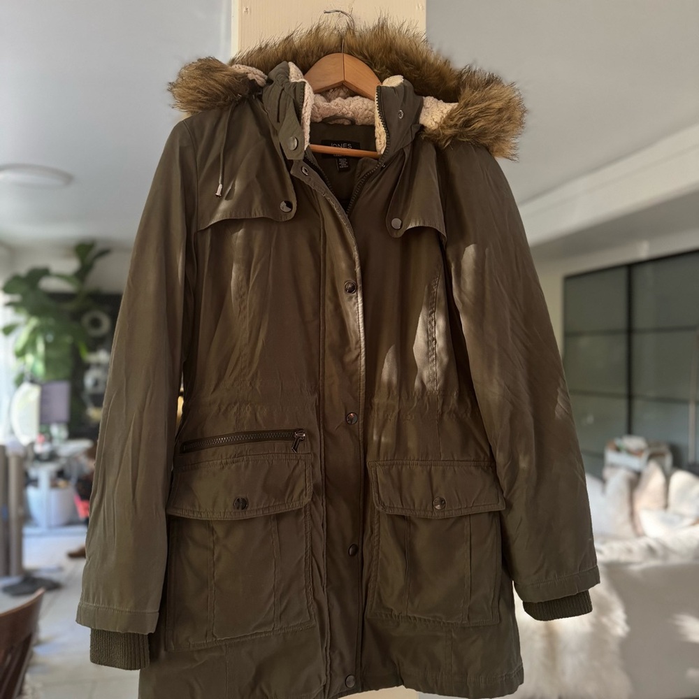 Jones New York Dark Green Winter Utility Jacket with Faux Fur Hood